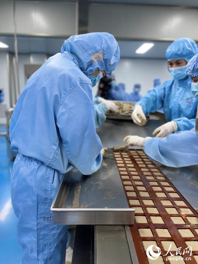 靈源藥業(yè)生產(chǎn)車間里，工人們正在挑揀剛出爐的萬應茶。人民網(wǎng)記者 陳藍燕攝