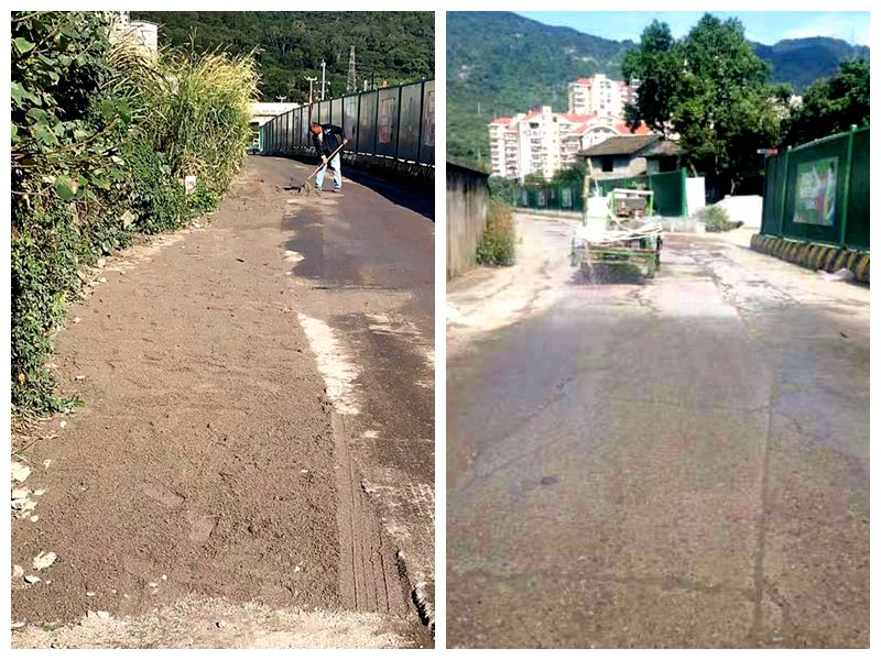 施工隊對村道進行平整、灑水降塵。福州市城鄉(xiāng)建總集團有限公司供圖