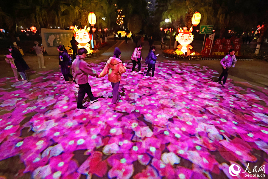 中山公園南門，LED圖案燈將“市花三角梅”投影在地面上，吸引小朋友追逐嬉戲。人民網(wǎng)記者 陳博攝