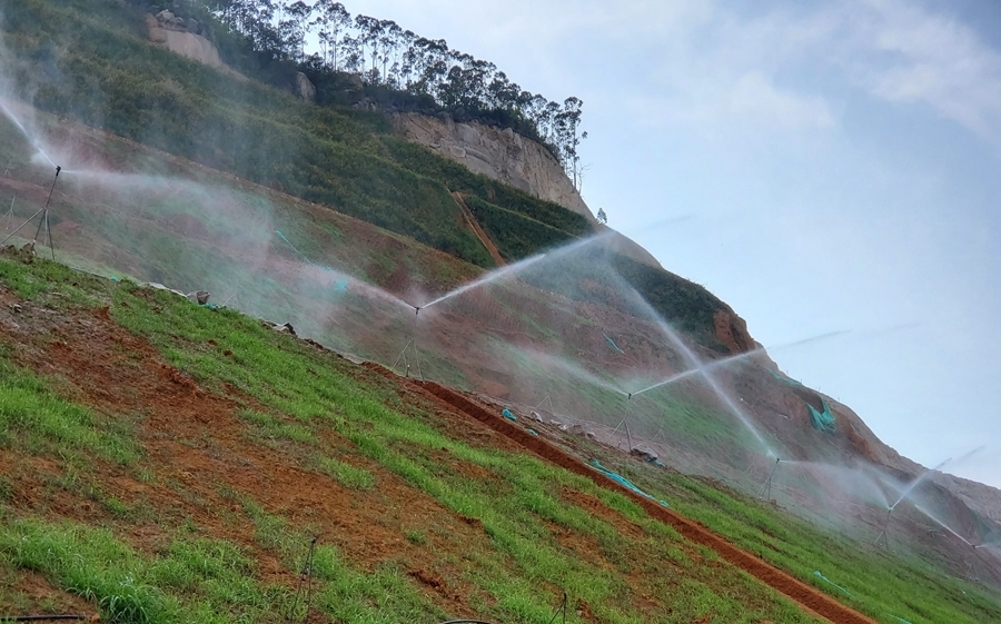 獅山-周福廢棄礦山邊坡綠化主要采用噴播植草，從而提高植被存活率、覆蓋率。漳州臺商投資區(qū)自然資源局供圖