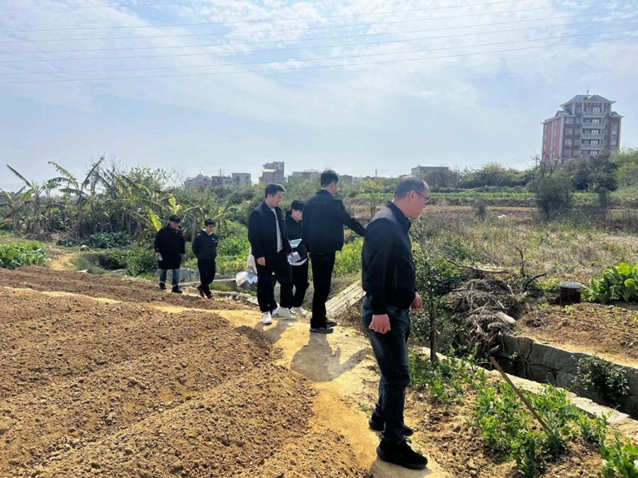 高山鎮(zhèn)黨員干部踏勘水庫灌區(qū)高山鎮(zhèn)節(jié)水改造項目現(xiàn)場。福清市委組織部供圖