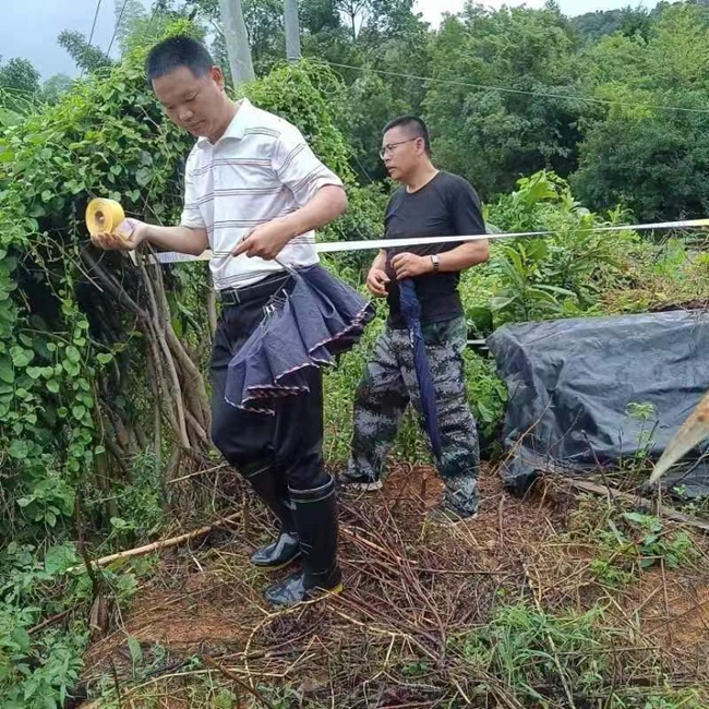 一都鎮(zhèn)一都村駐村第一書記潘偉金（左）現(xiàn)場(chǎng)拉警戒線確認(rèn)土地四至界限