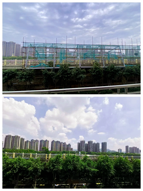 防洪堤上的腳手架拆除前后對比。泉州南安市文體旅發(fā)展集團(tuán)有限公司供圖