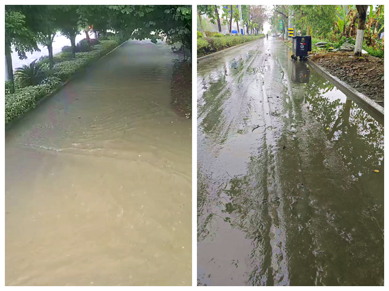 南靖縣南環(huán)路山城鎮(zhèn)路段積澇點，左圖為去年8月積水情況，右圖為今年3月積水退去后的路面。吳先生供圖