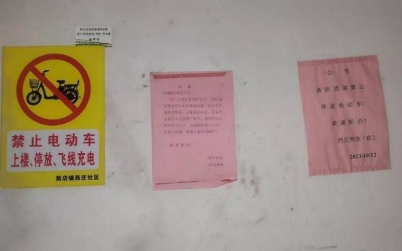 西莊小區(qū)樓棟一層門(mén)廳張貼的宣傳提示單和公告