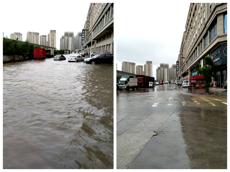 暴雨后的良益路，改造前后對比。晉江市新塘街道供圖