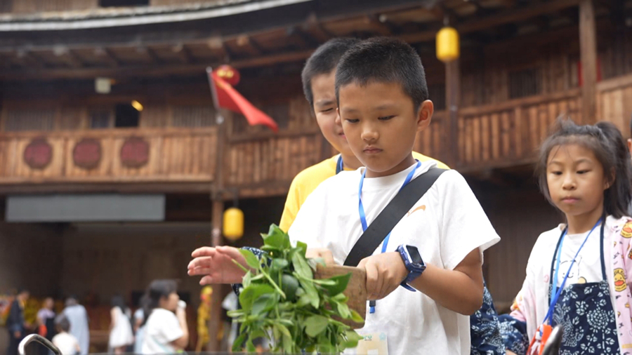 在書洋鎮(zhèn)龍昌樓內(nèi)，研學(xué)團隊學(xué)生在體驗制茶。南靖縣融媒體中心供圖