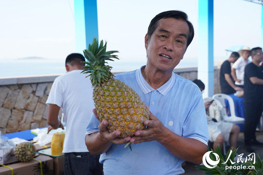 臺(tái)農(nóng)王森諒展示在福清臺(tái)灣農(nóng)民創(chuàng)業(yè)園種出的臺(tái)灣鳳梨。實(shí)習(xí)生 鄭舒塵攝