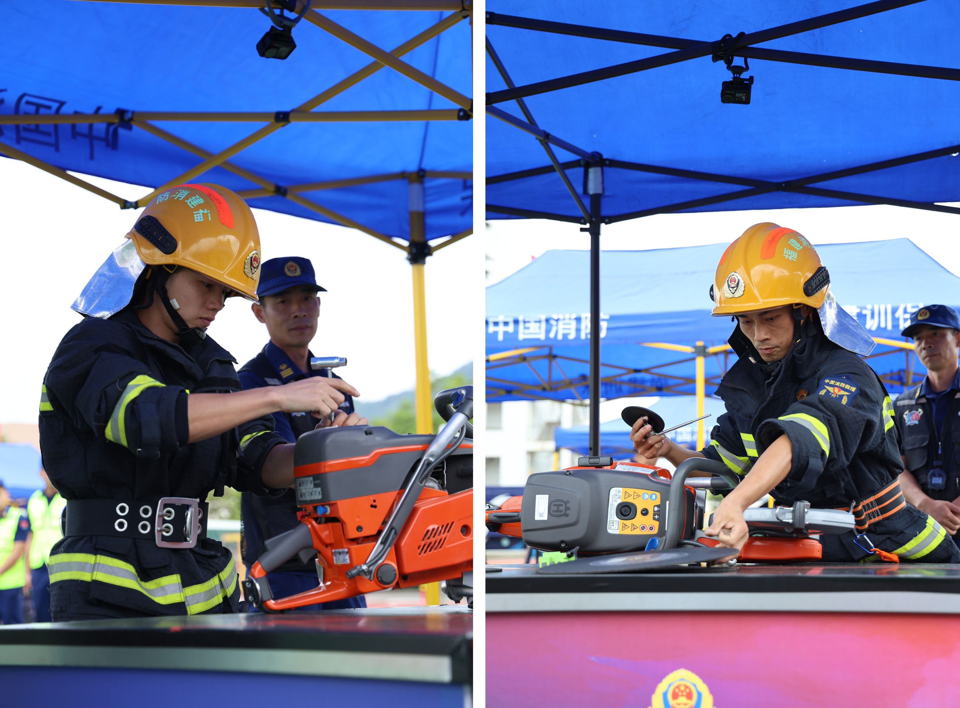 王振國(guó)（左）、彭春文（右）在無(wú)齒鋸故障排除操科目比賽中表現(xiàn)優(yōu)異