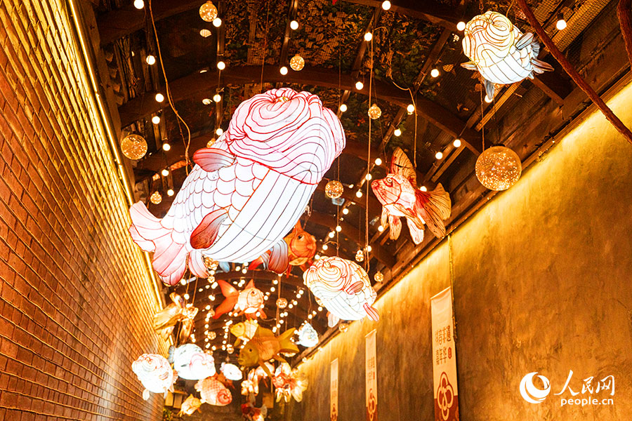 一盞盞精致漂亮的魚(yú)燈點(diǎn)亮街區(qū)，處處洋溢著濃郁的節(jié)日氛圍。實(shí)習(xí)生 李雨澤攝