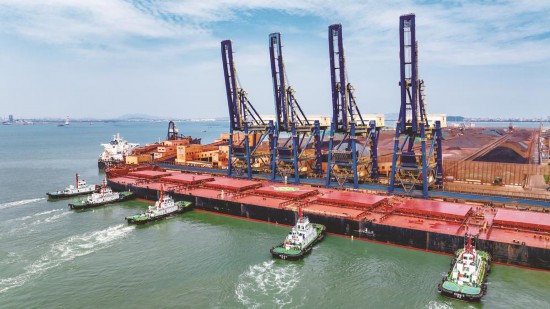 40萬噸巨輪滿載巴西鐵礦石靠泊羅嶼碼頭。 顏建平 攝